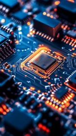 Closeup view of glowing CPU on detailed circuit board.