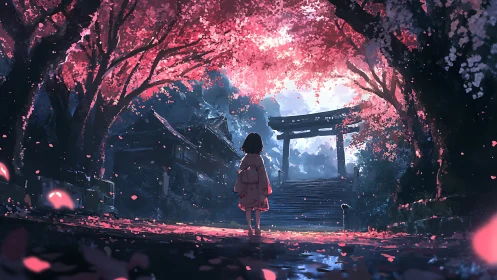 Girl under cherry blossoms walking toward shrine gate.