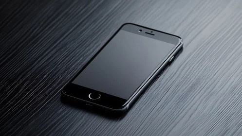 Black smartphone on striped metal surface. Sleek design