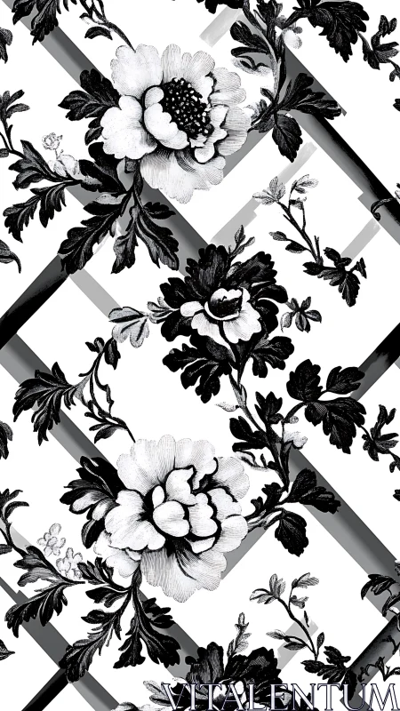 Elegant Black and White Floral Pattern With Geometric Lattice Design