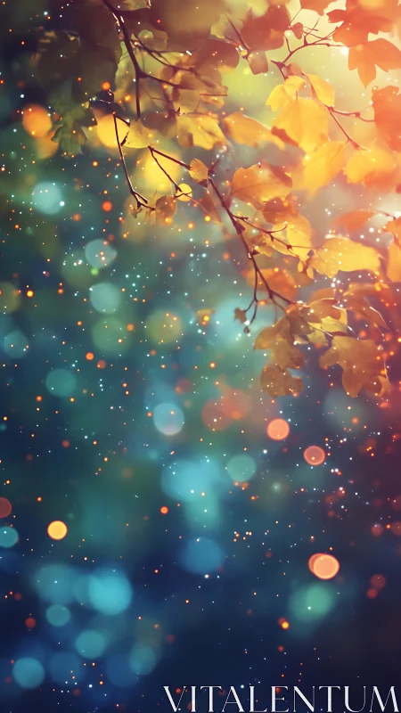 Golden autumn leaves glow above dreamy bokeh lights