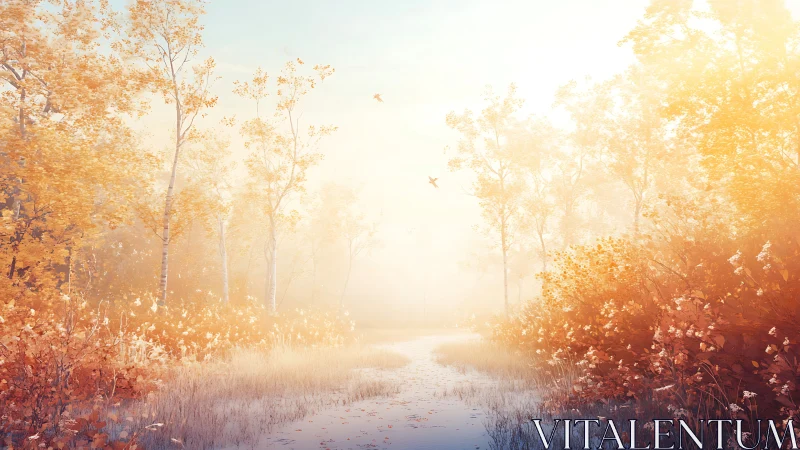 Luminous autumn woodland path in soft digital painting style.