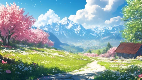 Spring valley path with cherry blossoms and alpine peaks.