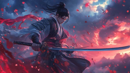 Samurai warrior poised in dynamic, petal‑strewn storm light