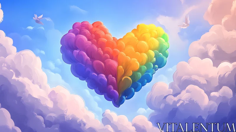 Rainbow heart shaped cloud floats in serene sky.
