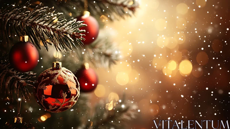 Red ornaments on snow-dusted evergreen branch with lights.