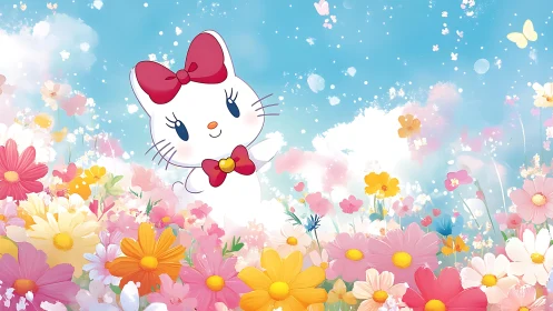 Cheerful kitty waves hello in a dreamy meadow of flowers