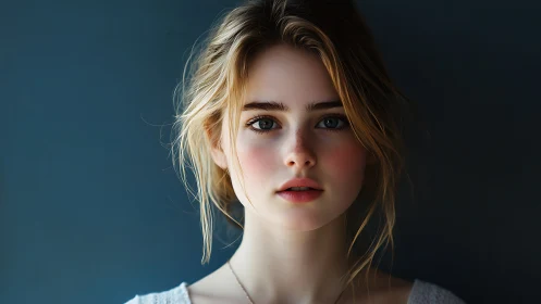 Young woman portrait against dark blue studio background.