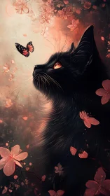 Black Cat With Amber Eyes Among Coral Blossoms and Butterfly