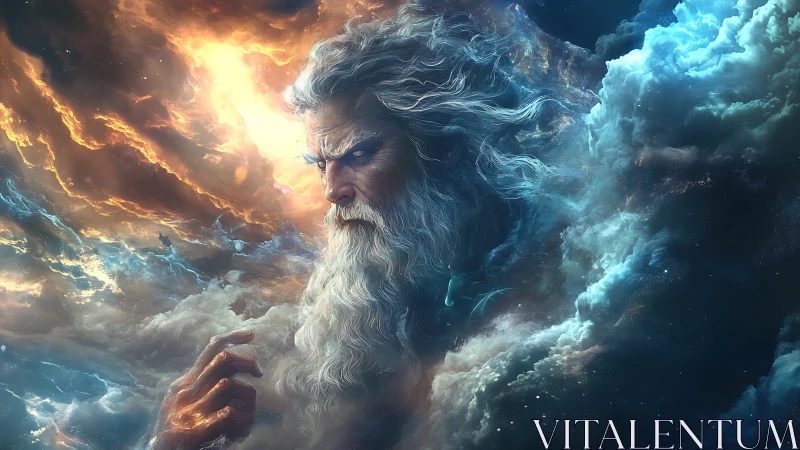Elderly bearded figure emerges from swirling cosmic clouds