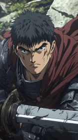 Battle-scarred anime swordsman in battered armor poised to strike.