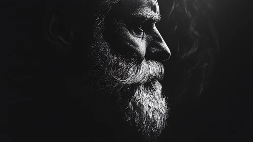 Profile portrait of older bearded man in stark lighting.