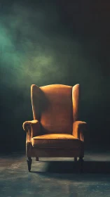 Velvet wingback armchair under dramatic studio spotlight.