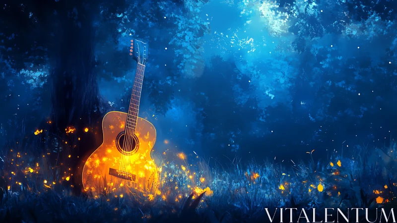 Luminous acoustic guitar ignites moonlit forest meadow.