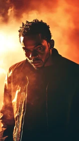 Photorealistic low-key portrait with cinematic backlit flare.