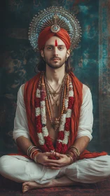 Ornamented yogic portrait with devotional regalia and mandala halo.