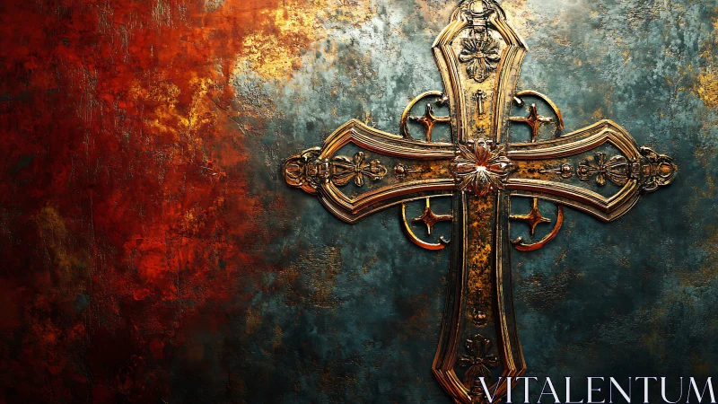 Ornate golden cross rests against textured rusted wall