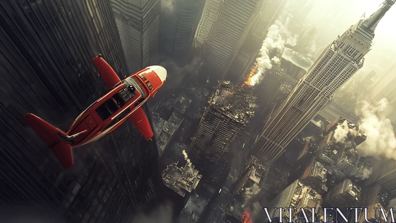 Red aircraft over damaged high rise cityscape at dusk.
