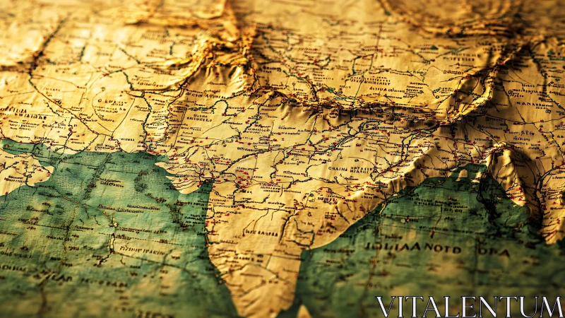 Relief-animated vintage map of India with raised topographic folds