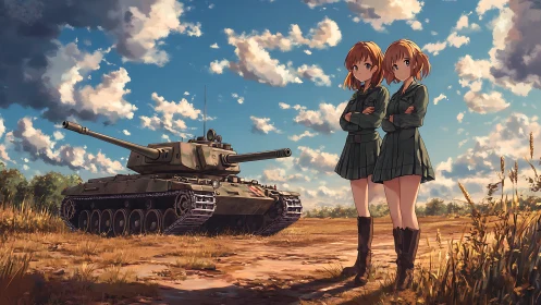 Twin cadets stand before heavy tank under stratocumulus sky