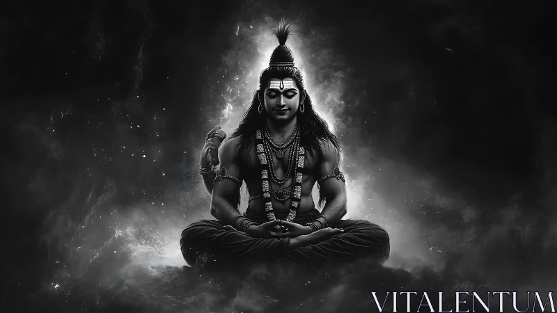 Monochrome meditative deity in radial luminous contrast study.