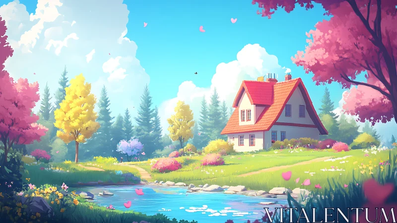 Idyllic gabled cottage amid stylized spring forest and pond