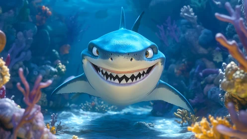 Cartoon shark swimming in colorful coral reef environment.