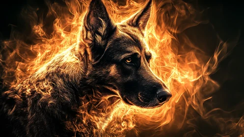 Fiery shepherd portrait glows within swirling orange flames