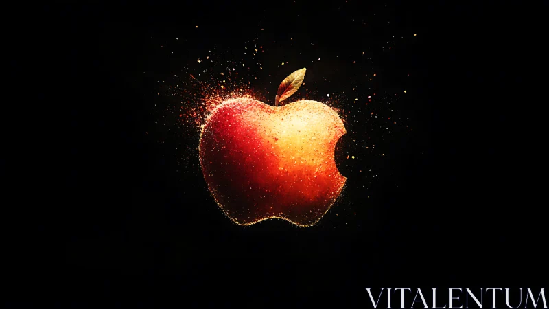 Luminous bitten apple dissolves into radiant sparks of color.