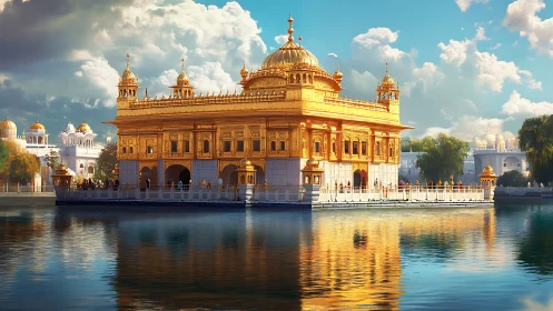 Golden temple structure reflecting in calm water under clouds