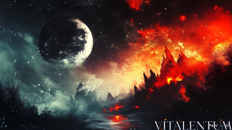 Lunar-lit volcanic skyline divides icy void and burning horizon