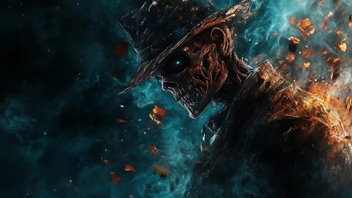 Concept art skeletal gunslinger in ember-torn nebula field.