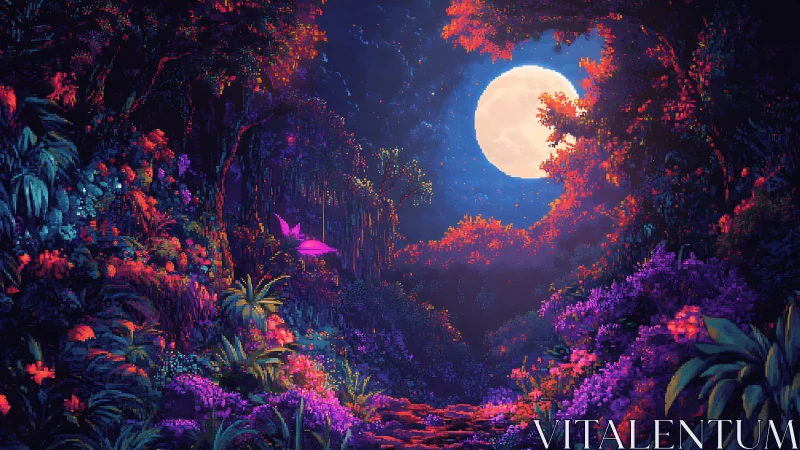 Luminescent Nocturnal Forest Rendered with Vibrant Bioluminescent Flora and Celestial Illumination