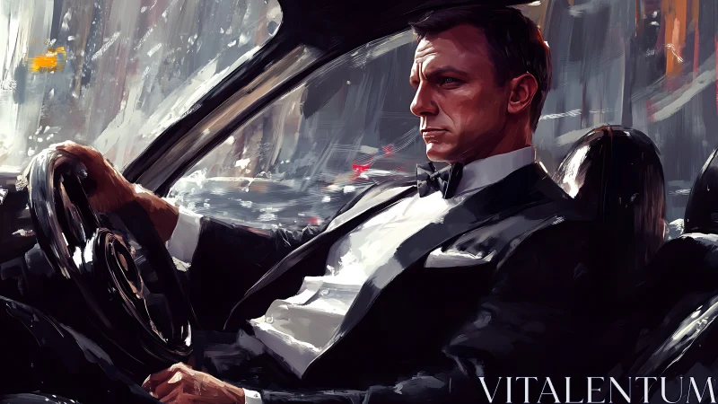 Suited man driving through rainy city at night in car.