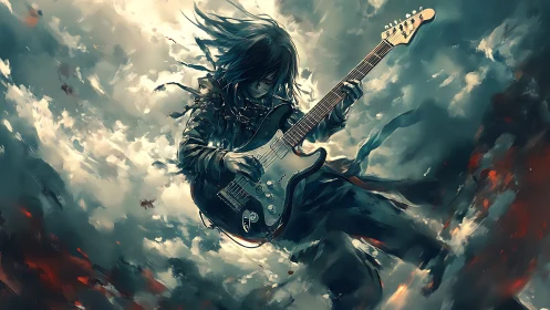 Storm-lit guitarist suspended midair in dynamic anime motion