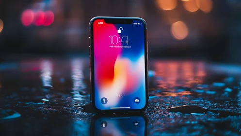 Smartphone displaying colorful gradient lock screen.