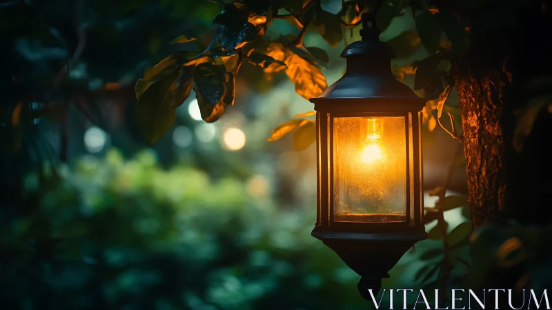 Garden lantern glows like a quiet ember in twilight greenery.