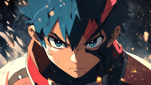 Determined anime fighter stares forward amid dynamic sparks