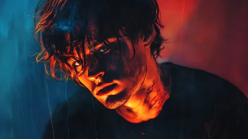 Rain-soaked ember boy caught between neon blue and firestorm.