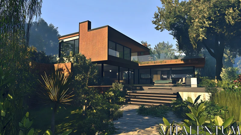 Modernist cantilevered brick villa in lush forest garden