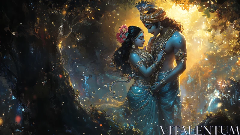 Moonlit blue lovers entwined in a forest of golden hush.