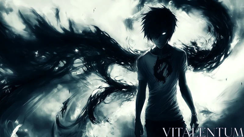 Backlit anime figure with luminous eyes and fluid shadow wings