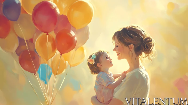 Golden Hour Magic: Mother & Child Dancing Among Rainbow Balloons.