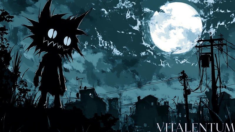 Silhouetted spiky creature dominates moonlit urban ruin skyline