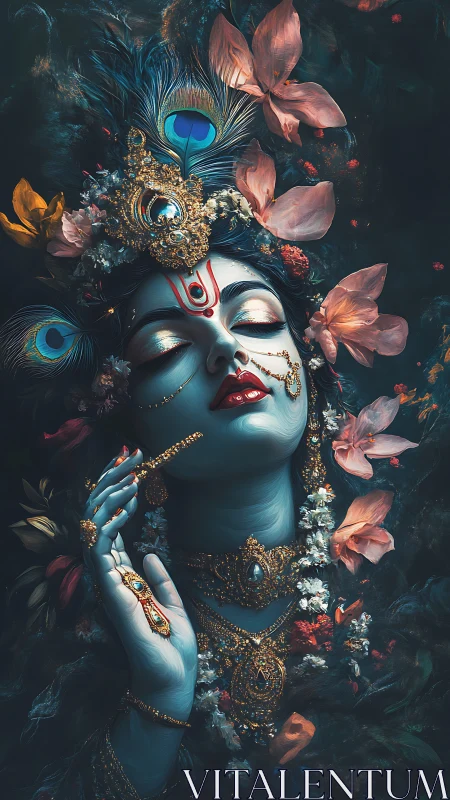 Divine blue goddess in jeweled floral aura, eyes closed.
