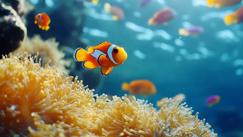 Clownfish glides above anemone in luminous reef scene