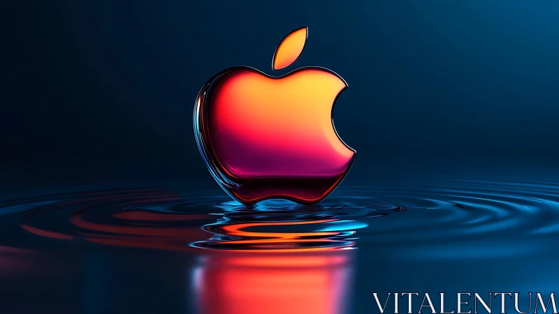 Chromatic glass apple logo floating on neon rippled water.