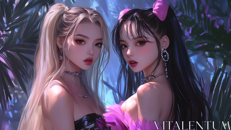 Twin neon sirens under chromatic jungle backlighting.