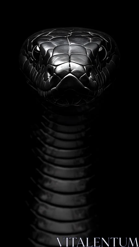 Metallic black snake head emerges from deep darkness.