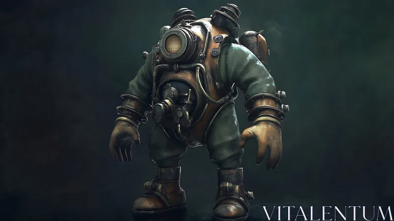 Sturdy deep sea diver strides forward in vintage metal suit
